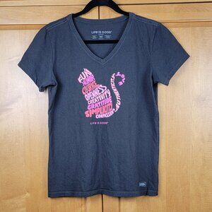 Life Is Good Black V-Neck Short Sleeve Crusher Tee Cat Positive Message - M